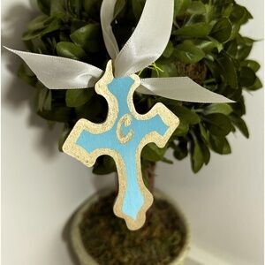 Pale Blue Gold Initial Cross Ornament Hand Painted Handmade Christmas Christen